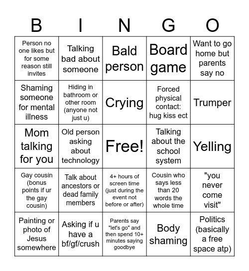 American family reunion/party Bingo Card