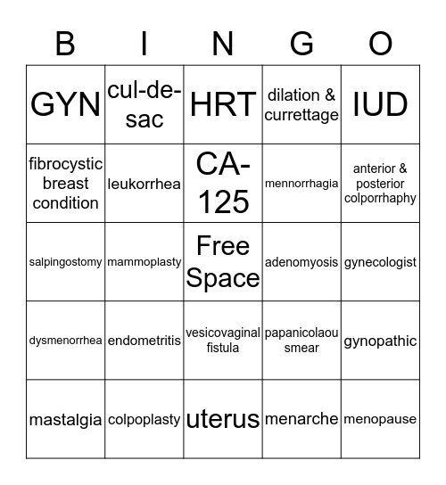 Female Reproductive System Bingo Card