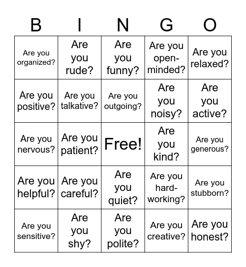 Personality Bingo Card