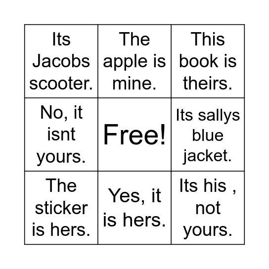 Possesive Pronouns Bingo Card