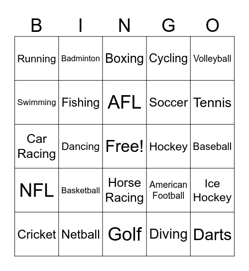 Sports Bingo Card
