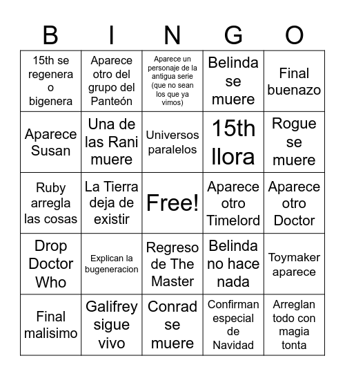 Doctor Who Bingo Card
