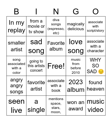 music bingo Card