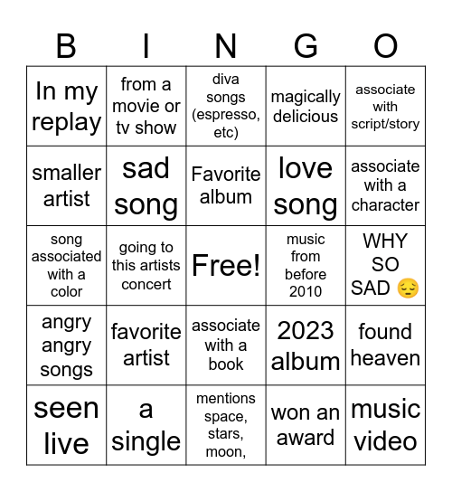music bingo Card
