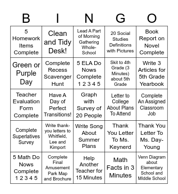 5th Grade Bingo Card