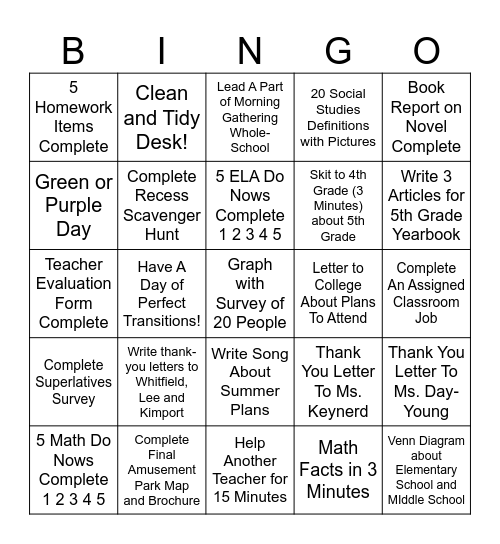 5th Grade Bingo Card