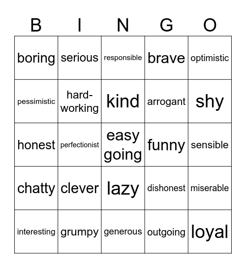 Personality Adjectives Bingo Card