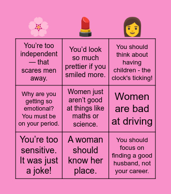 Female Stereotypes Bingo Card