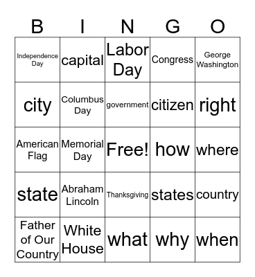 Citizenship Words to Read Bingo Card