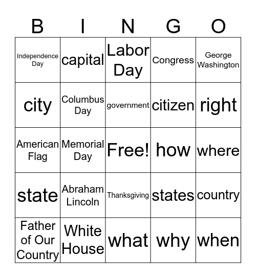Citizenship Words to Read Bingo Card