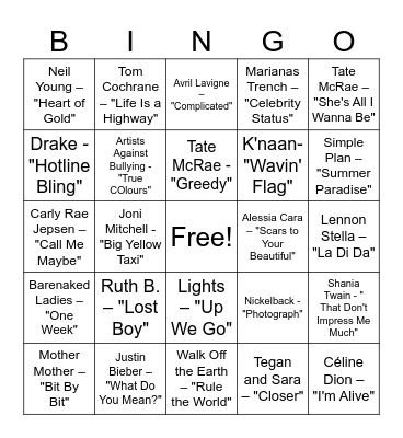 Canadian Music Bingo Card