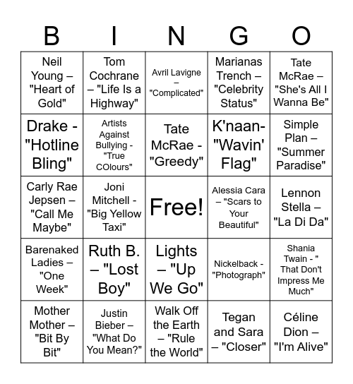 Canadian Music Bingo Card