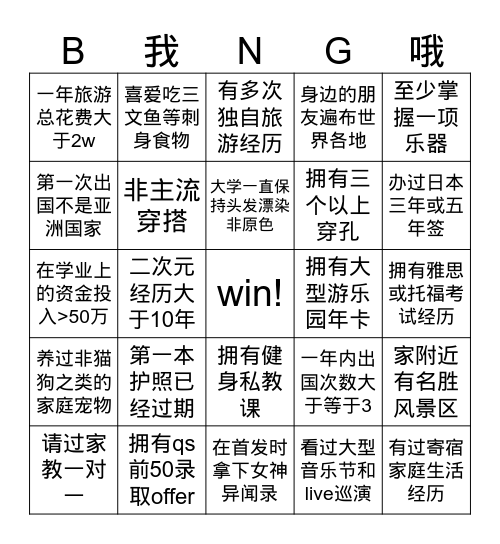 五点连成一线就可以成为和一菲 Bingo Card