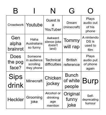 Tommyinnit Stand Up Bingo Card
