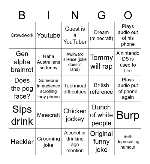 Tommyinnit Stand Up Bingo Card