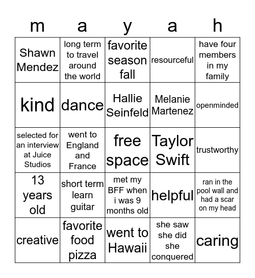 all about me Bingo Card