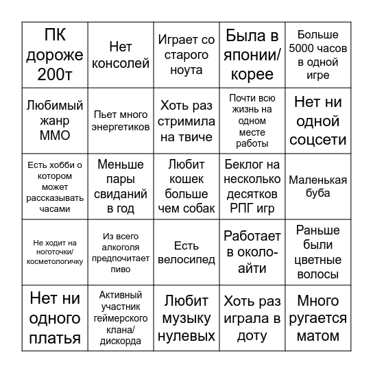 Девушка геймер 25+ Bingo Card