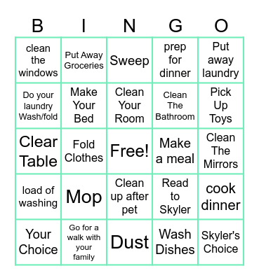 Household Chores Bingo Card