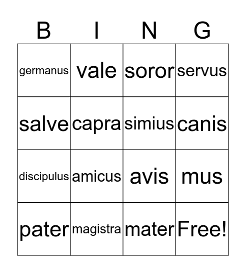 Latin 1a Bingo Card
