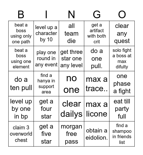 honkai Bingo Card