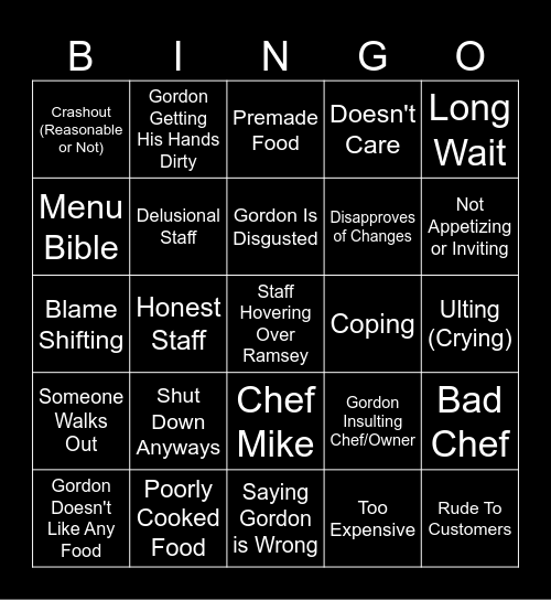 Kitchen Nightmare Bingo Card