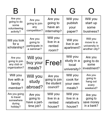 Future Plan Bingo Card