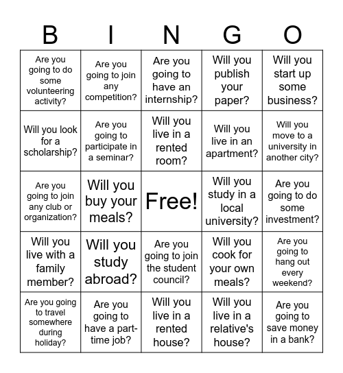 Future Plan Bingo Card