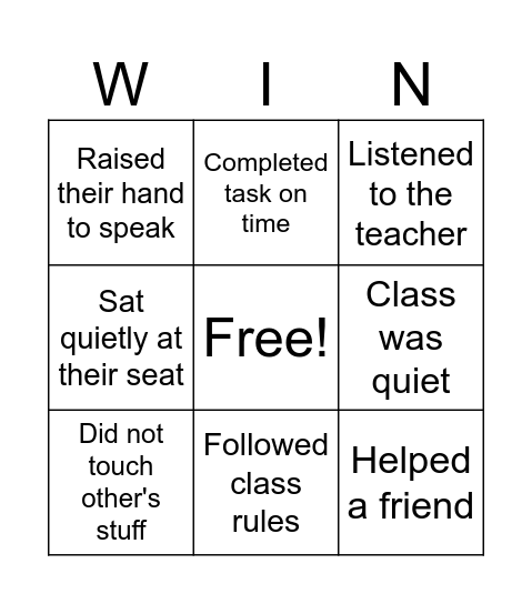 Behaviour Bingo Card