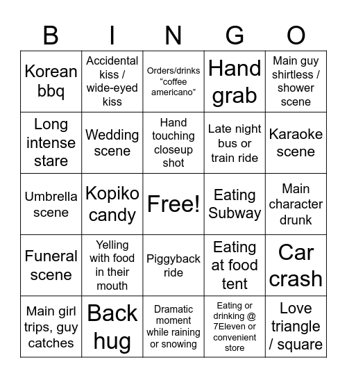 Korean Drama Bingo Card