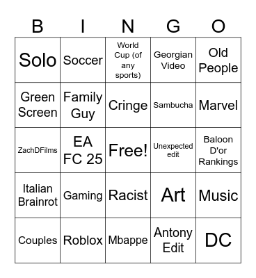 YT shorts bingo Card