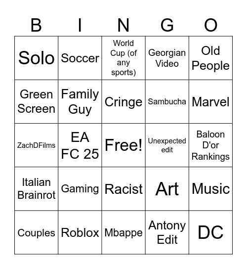 YT shorts bingo Card