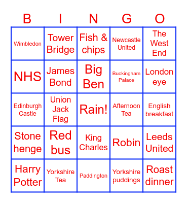 British Bingo! Bingo Card
