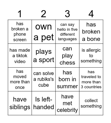 Introduction Bingo Card
