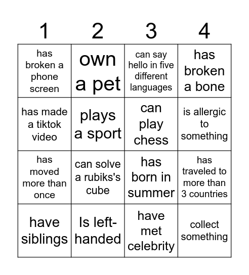Introduction Bingo Card