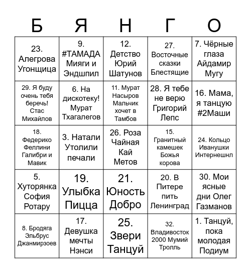 Безымянный Бинго Bingo Card