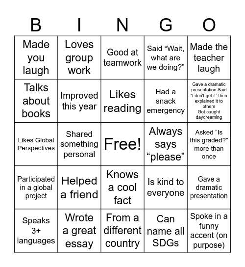 End Of Year Bingo Card