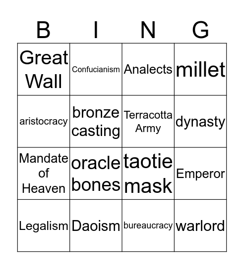 Ancient China: Power Words Bingo Card