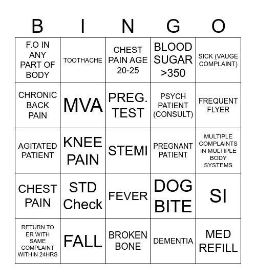 ER Bingo Card