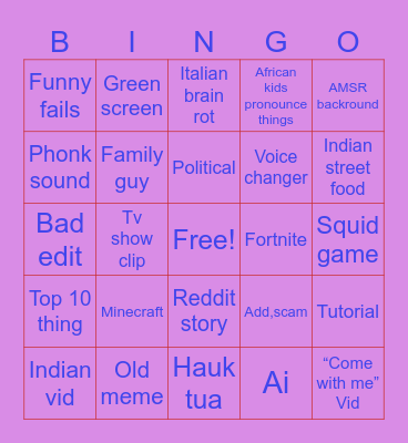 YouTube shorts Bingo Card