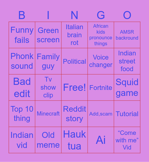 YouTube shorts Bingo Card