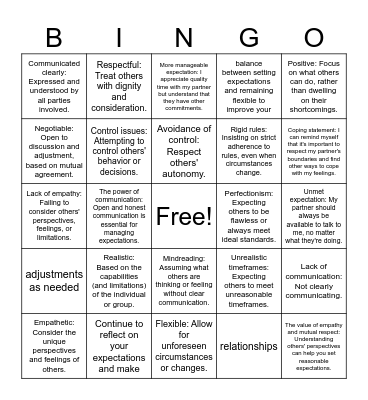 Expectations Bingo Card