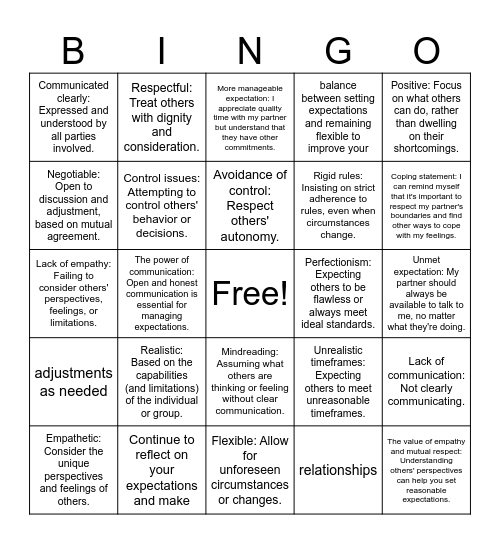 Expectations Bingo Card