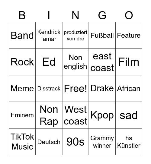 Songs Bingo Card