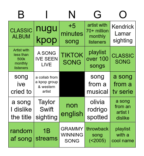 music bingo Card
