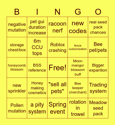 GAG bee update Bingo Card