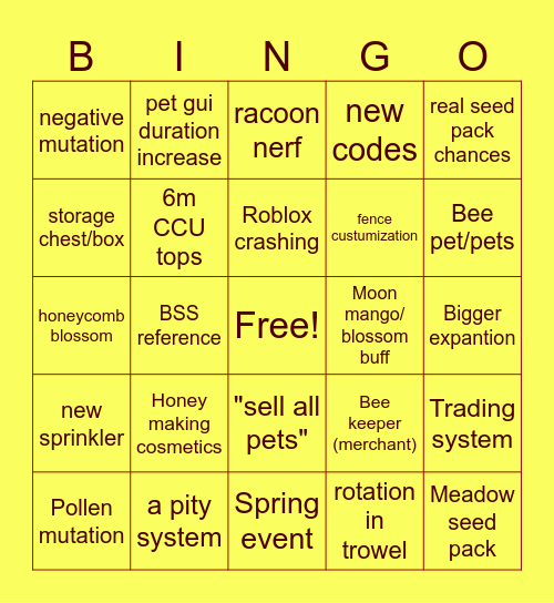 GAG bee update Bingo Card