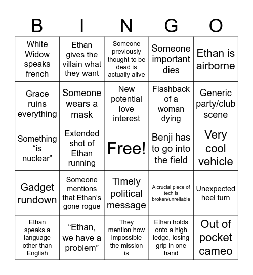 Mission Impossible Bingo Card