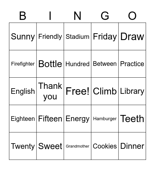 Spelling Bee Bingo Card
