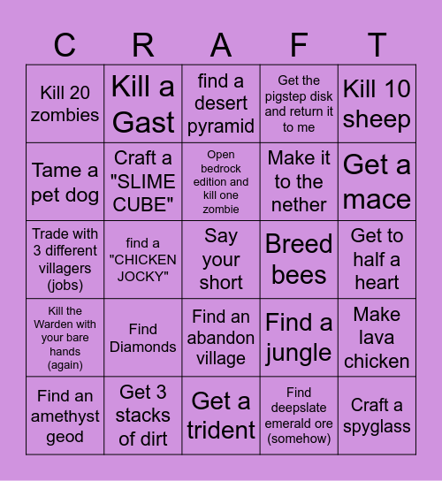 Minecraft Bingo Card