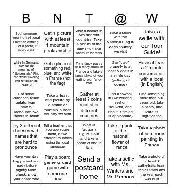 We Made it to Europe! Bingo Card